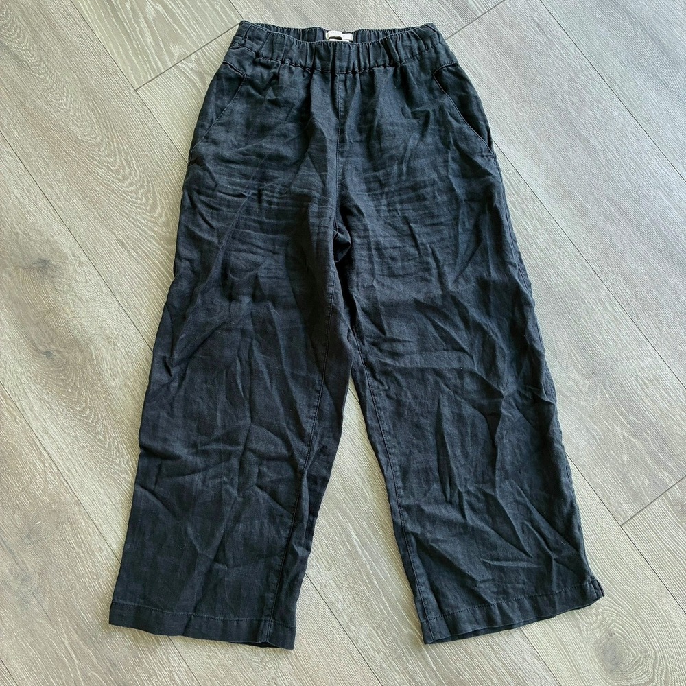 Cynthia Rowley Black 100% Linen Wide Leg Crop Pants Elastic Waist Womens XS